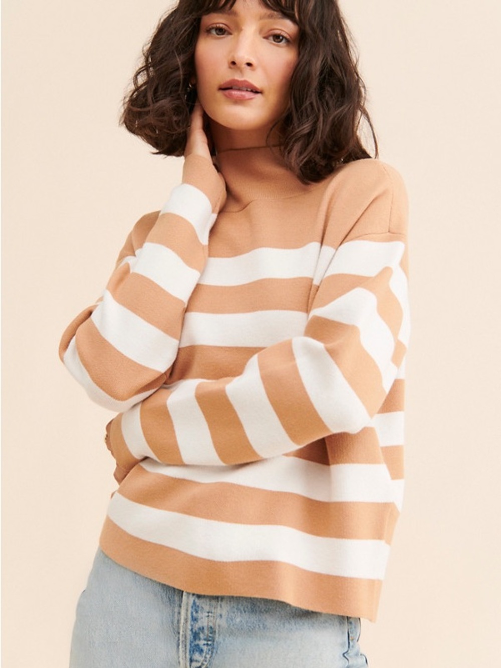 Elie Tahari Camel White Striped Mock Neck Sweater L Peppy Quiet Luxury Fall Fash